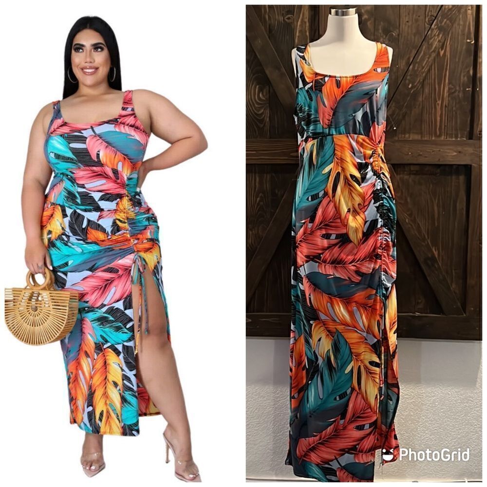 Colorful Print Scoop Neck Sleeveless Bodycon Beach, Long Dress stretches 1XL